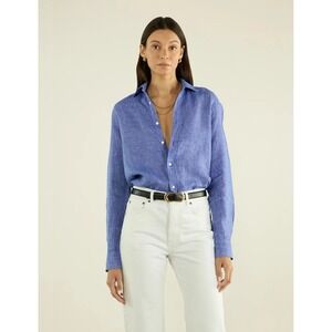 WNU With Nothing Underneath Women's Lapis Blue Linen Boyfriend Shirt- Size 8